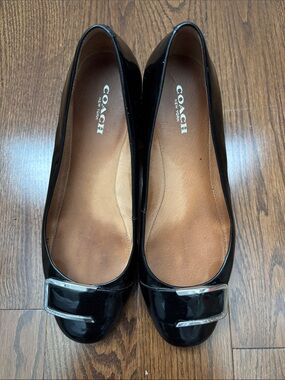 Coach Black Patent Leather Ballet Flats with Silver Buckle